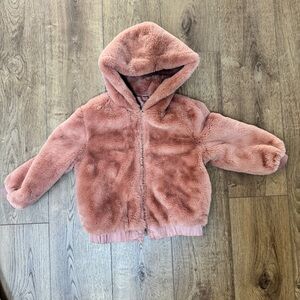 ZARA Girls Blush Pink Satin Faux Fur Reversible Hooded Jacket Size 7